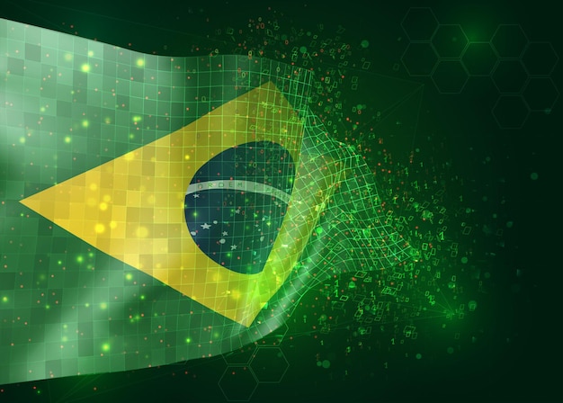 Brasil, en vector bandera 3d sobre fondo verde con polígonos y números de datos