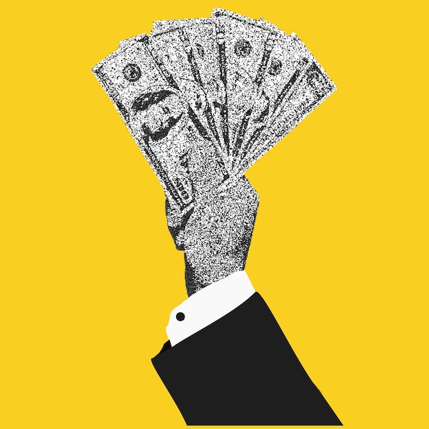 El brazo de un hombre de negocios retro dando billetes de dólar en efectivo Vector Dotted Stipplism efecto Retro de moda