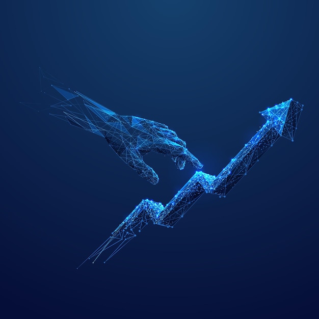 Brazo humano o mano o palma está tocando flecha arriba concepto ilustración digital low poly azul