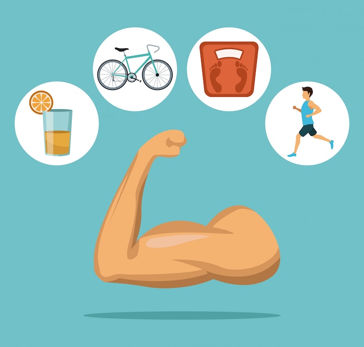 Vector brazo muscular con iconos en marco circular de elementos saludables