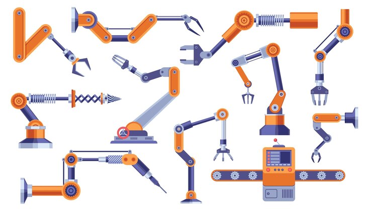 Vector brazo de robot industrial manipulador de mano electrónico robótico con proceso de automatización de piezas de máquina concepto de fabricación de automóviles conjunto plano vectorial