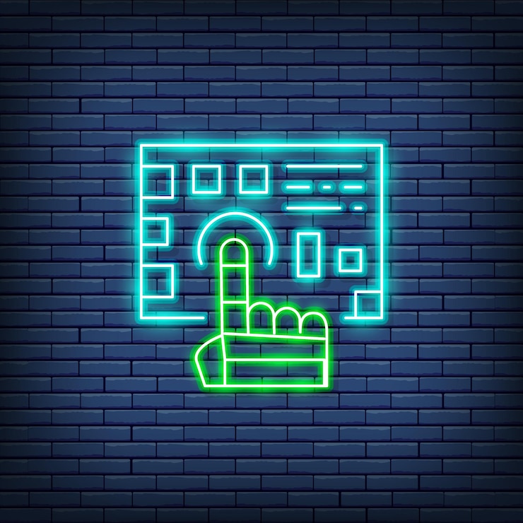 Vector el brazo del robot presiona el botón de neón ilustración vectorial en estilo neón