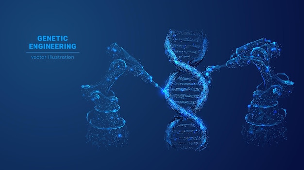 Brazo robótico 3d y herramienta que modifica la hélice del ADN Resumen moléculas de ADN de baja poli y robótica