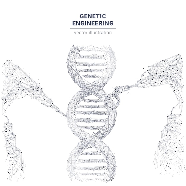 Brazo robótico 3d poligonal abstracto y herramienta que modifica la hélice de adn moléculas de adn y robótica