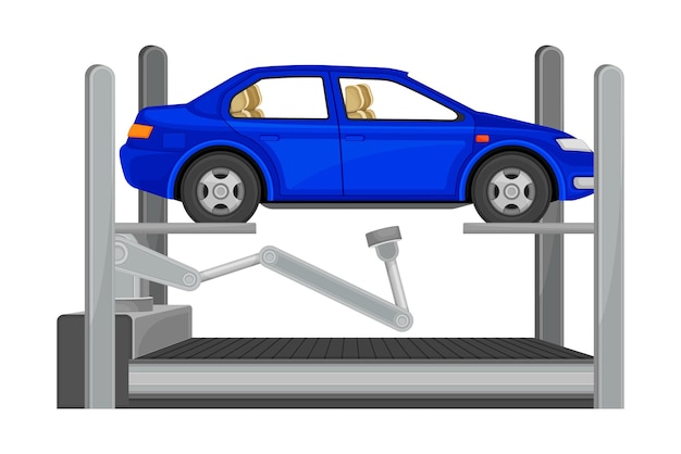 Vector el brazo robótico ensambla la carrocería del automóvil como ilustración vectorial del proceso de producción automática