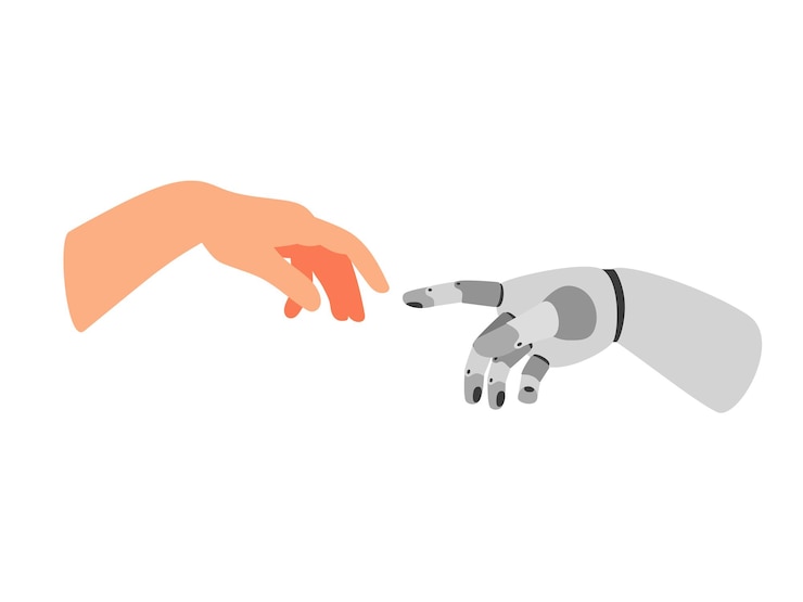 Vector brazo robótico y humano. gesto de dibujos animados de personas y robots de cooperación