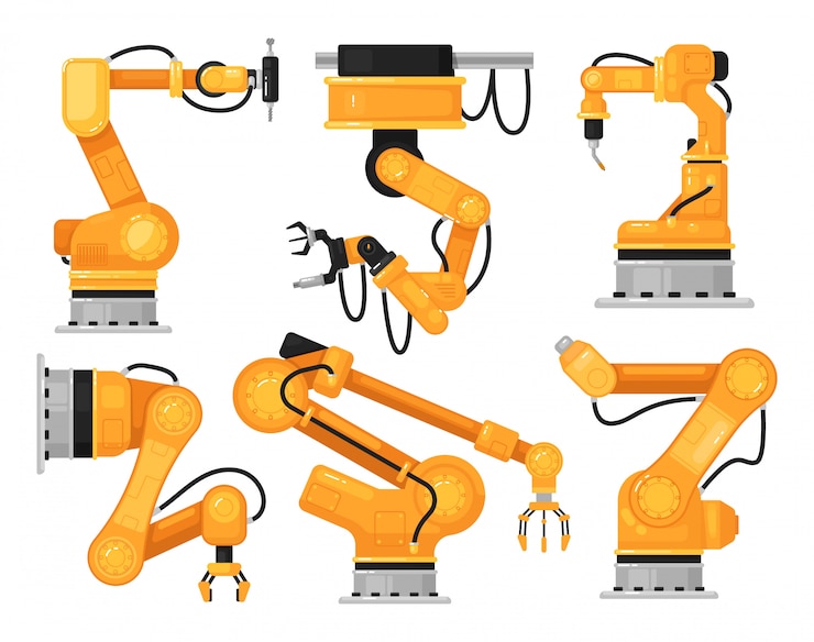 Vector brazo robótico industrial. máquina de mano hidráulica de fábrica para fabricación automática en línea de producción. manipulador de robot industrial de ilustración de línea de montaje automatizada.