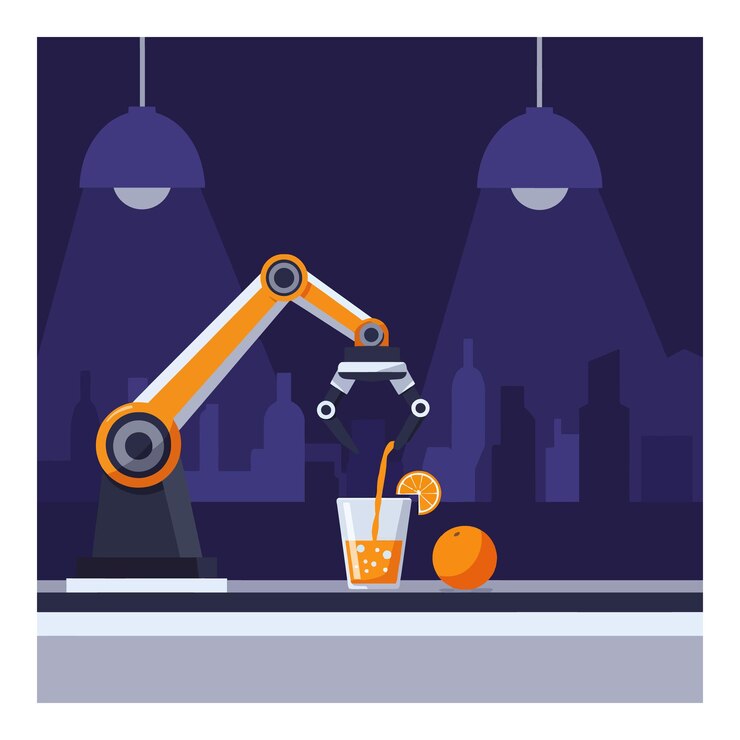 Vector el brazo robótico mezclando una refrescante bebida de naranja en un bar moderno. ilustración vectorial plana