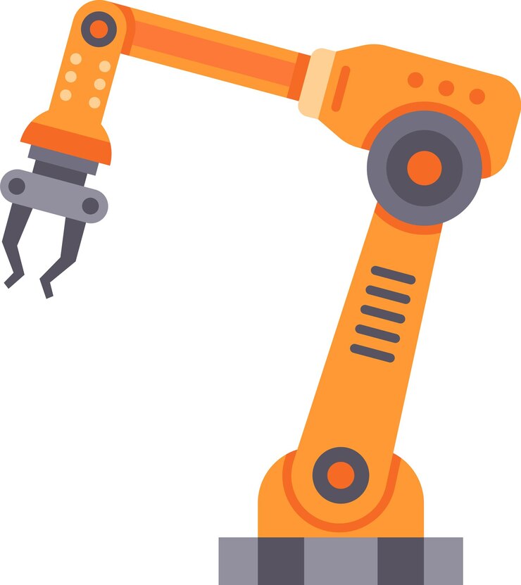 Vector el brazo robótico naranja trabaja eficientemente en una fábrica de alta tecnología que muestra automatización avanzada y tecnología innovadora