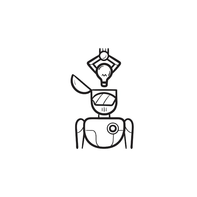 Brazo robótico poniendo bombilla de idea en la cabeza icono de doodle de contorno dibujado a mano. Ai, autómata, concepto de cerebro robótico. Ilustración de dibujo vectorial para impresión, web, móvil e infografía sobre fondo blanco.