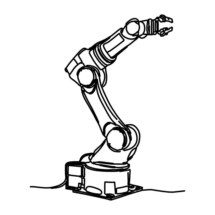 Vector el brazo robótico que se destaca en el estilo minimalista está dibujado con una sola línea continua un dibujo de estilo de contorno de un robot mecánico de moda