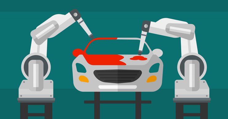Vector brazo robótico que pinta el coche en una línea de producción.