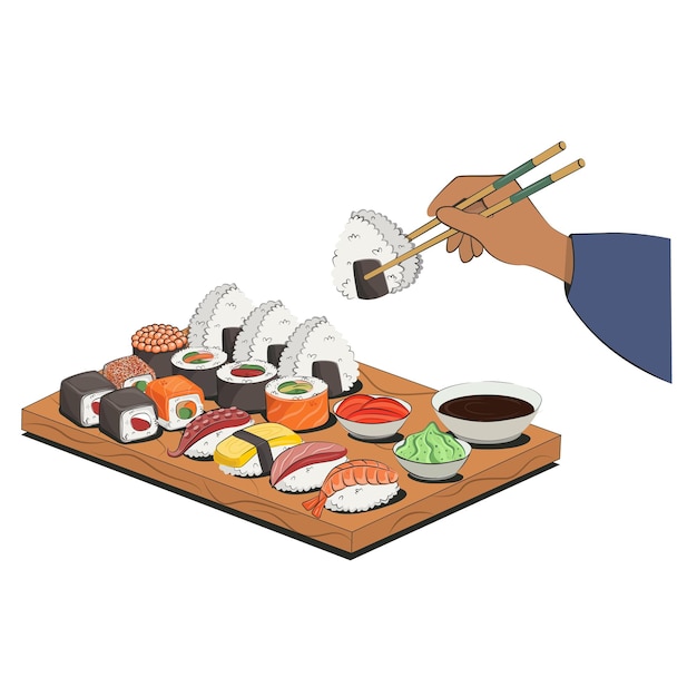 Vector brazos de comida de cocina japonesa con palillos para menús de restaurantes y sitios de entrega de carteles ilustración plana vectorial aislada en fondo blanco rollos de sushi conjunto de salsa de soja onigiri imagen de archivo