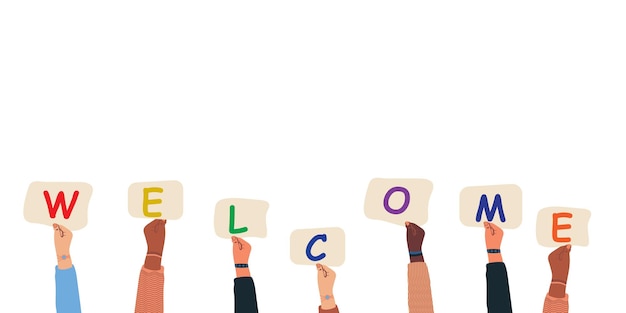 Los brazos levantados de los colegas diversas personas multiétnicas multiculturales que sostienen cartas Bienvenidos
