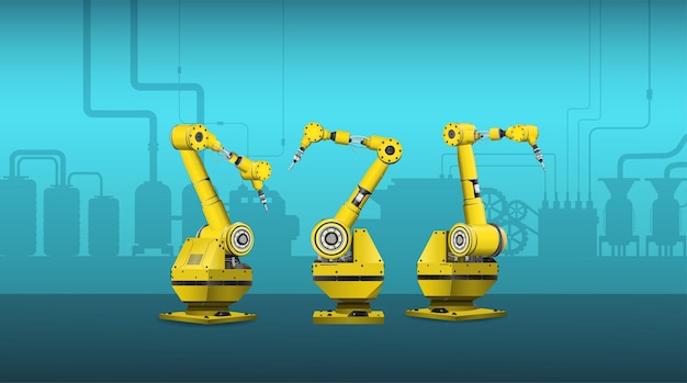 Brazos de robot soldador amarillo en la ilustración de vector de fábrica