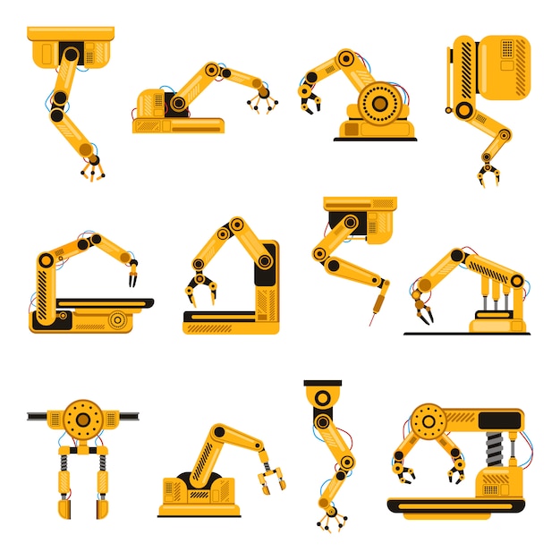 Brazos robóticos. Industria manufacturera brazo robot mecánico, tecnología de maquinaria, conjunto de ilustración de manos de máquina de fábrica. Brazo robótico mecánico, conjunto de robot de ingeniería manual