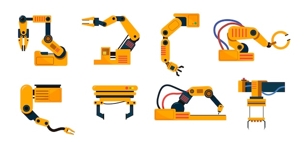 Vector brazos robóticos de máquinas en línea tecnológica de fábrica. ilustraciones vectoriales de manos robóticas para la fabricación. equipo automático de dibujos animados aislado en blanco. maquinaria, futuro concepto de automatización