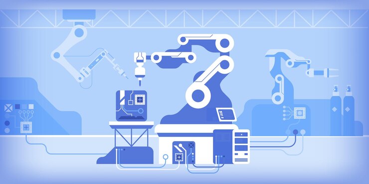 Vector brazos robóticos mecánicos que trabajan en la producción automatizada de microchips o procesos de control de circuitos.