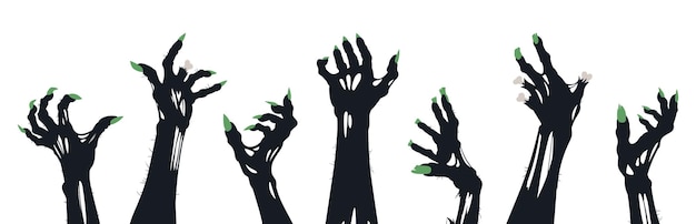 Brazos de zombies Halloween manos óseas siluetas de horror monstruos zombies flacos manos planas conjunto de ilustraciones vectoriales espeluznantes muertos vivos manos espelozantes