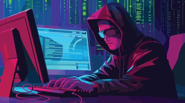 Brecha de ciberseguridad Hacker robando datos personales de la caricatura de la carpeta del usuario