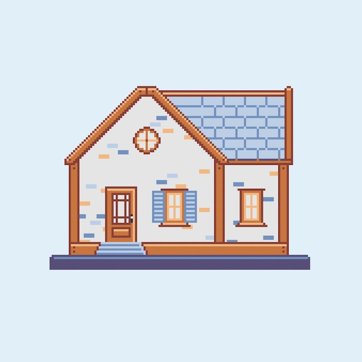 Vector brick house pixel art cottage vista frontal sprite de 8 bits