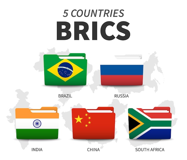 BRICS. Asociación de 5 países. Diseño de bandera de carpeta. Fondo blanco aislado y mapa del país