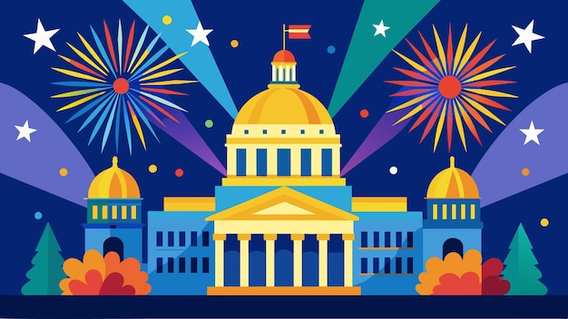 Vector bright lights and bursts of color adorn the state capitol on this special day bringing together a