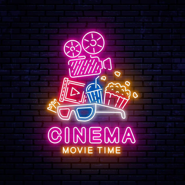 Brillante banner de cine de neón.