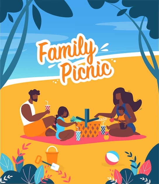 Brillante banner familia picnic letras de dibujos animados