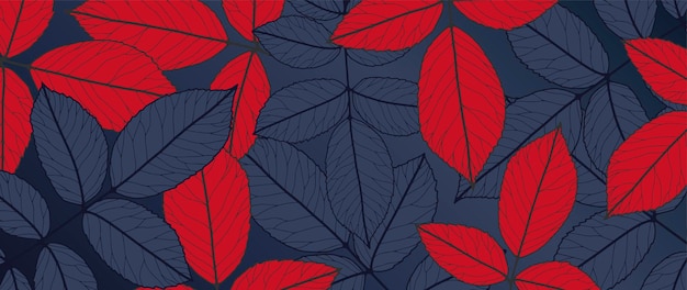 Brillante cartel de fondo botánico de otoño con hojas azules y rojas