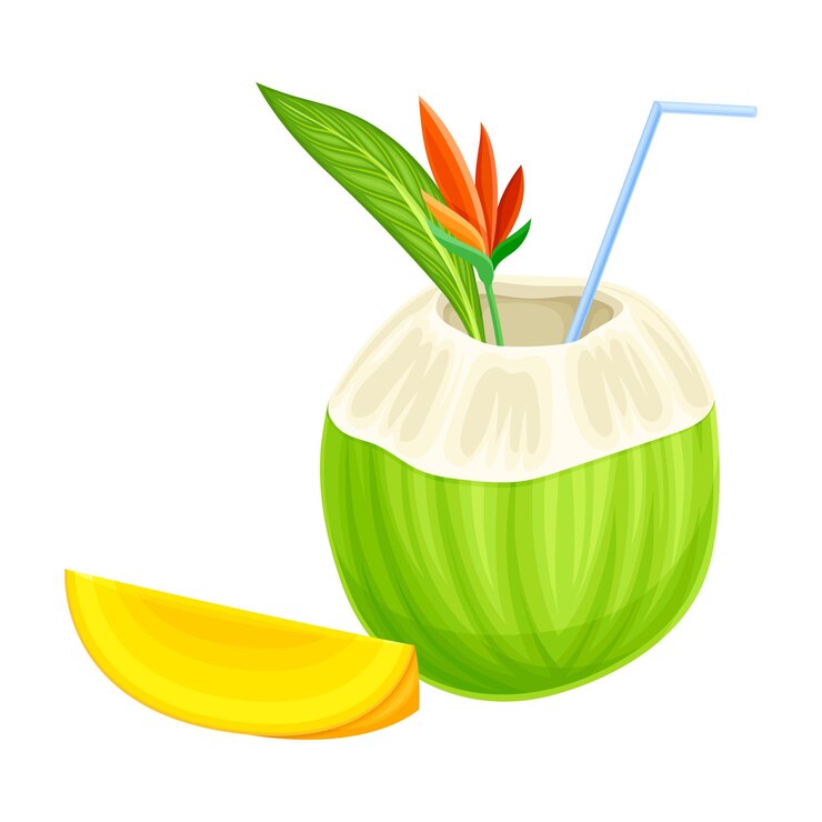 Vector brillante cóctel exótico en coco con paja como bebida refrescante tropical ilustración vectorial