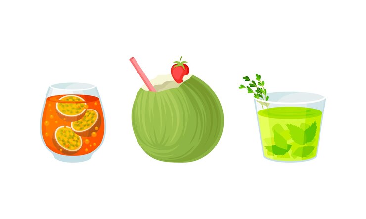 Vector brillante cóctel exótico en vidrio como conjunto vectorial de bebidas refrescantes tropicales