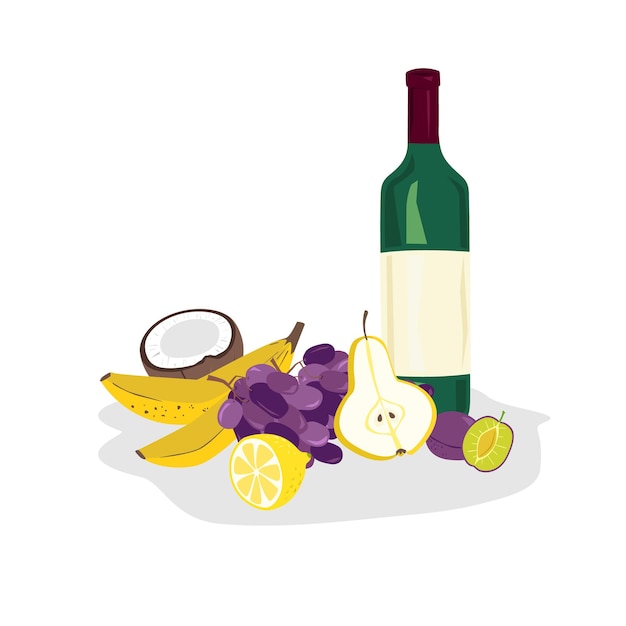 Brillante composición de diferentes frutas con una botella de vino.