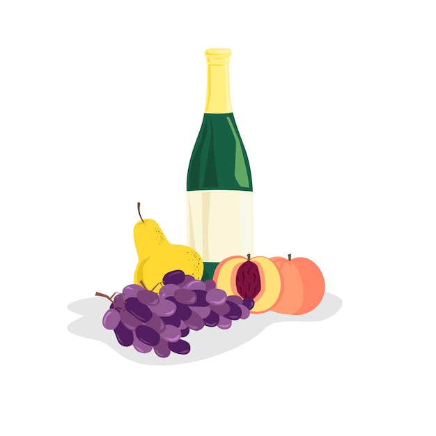 Brillante composición de diferentes frutas con una botella de vino.