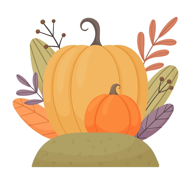 Brillante composición otoñal de calabazas y hojas de otoño. ilustración de vector de acción de gracias y vacaciones de otoño