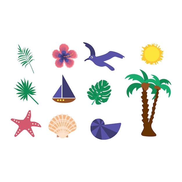 Brillante conjunto de artículos de verano. Iconos de playa, vacaciones y viajes