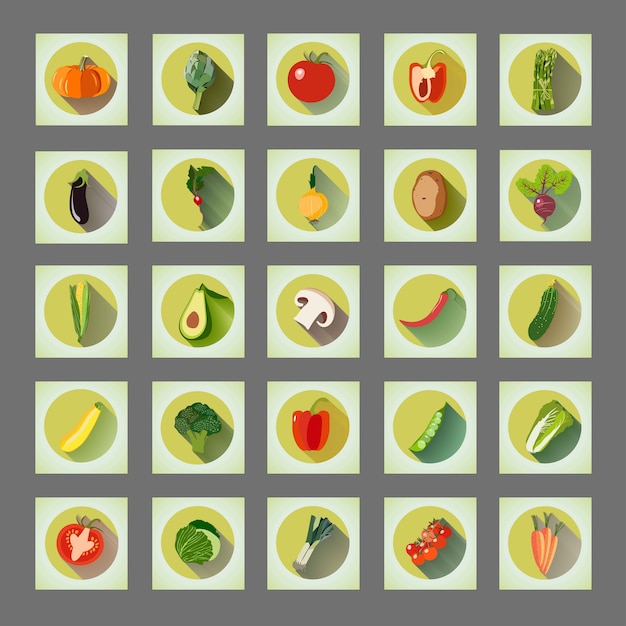 Vector brillante conjunto gráfico de iconos de vegetales orgánicos.