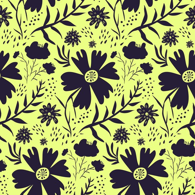Brillante contraste monocromo amarillo y negro floral sin costuras textura de dibujos animados lindo con siluetas de flores hojas gotas de agua para papel de regalo textil superficie de diseño de impresión