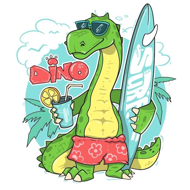 Brillante impresión de dinosaurio de surf con bebidas y vibraciones de playa de verano para diseños de camisetas