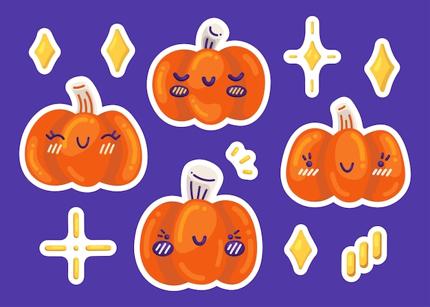 Brillante juego de vectores de vacaciones de iconos y pegatinas de Halloween. Calabazas kawaii para impresión, decoración, textil