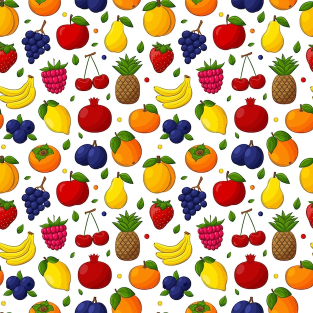 Brillante jugosa fruta de verano de patrones sin fisuras Fruta dibujada a mano con un contorno Un conjunto de frutas y bayas Para textiles de verano servilletas de embalaje de alimentos Ilustración de vector de color sobre un fondo blanco