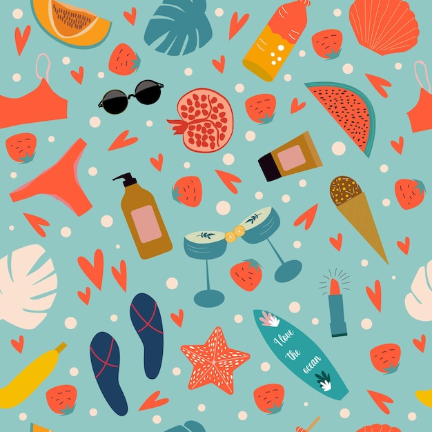 brillante y jugoso patrón sin costuras de diferentes elementos de verano como helado de cóctel de frutas y s