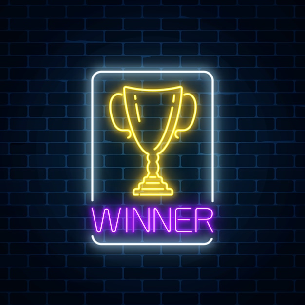 Brillante letrero de neón con copa de premio en marco rectangular. Ganador de la copa honorífico trofeo símbolo de neón.