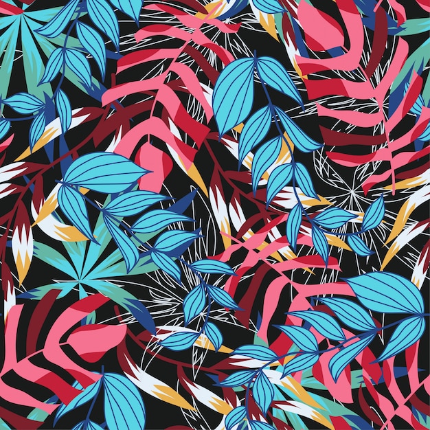 Brillante patrón abstracto sin fisuras con coloridas hojas tropicales y plantas en la oscuridad