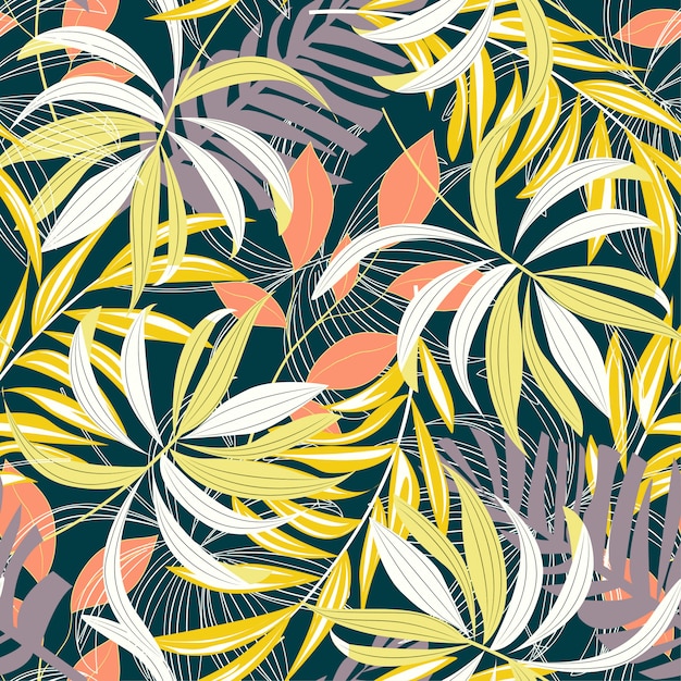 Brillante patrón abstracto sin fisuras con coloridas hojas tropicales y plantas en pastel