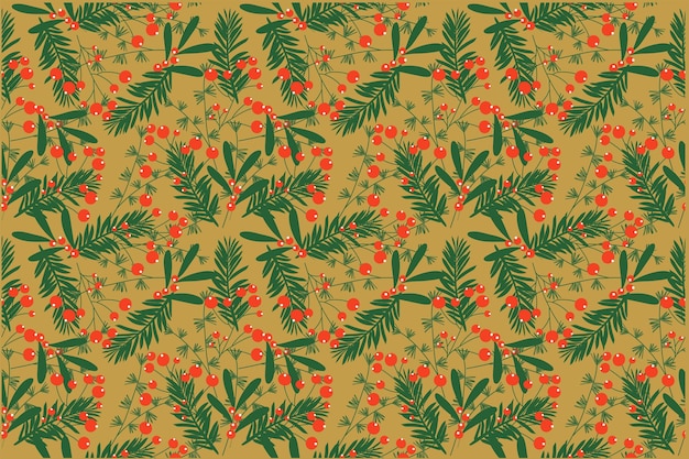 Brillante patrón de invierno sin costuras con rama de abeto y bayas rojas Diseño en fondo dorado