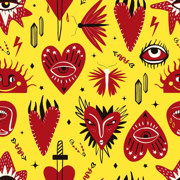 Brillante patrón mágico divertido con bizarros símbolos místicos Fondo con símbolos mágicos en un estilo de dibujos animados de moda