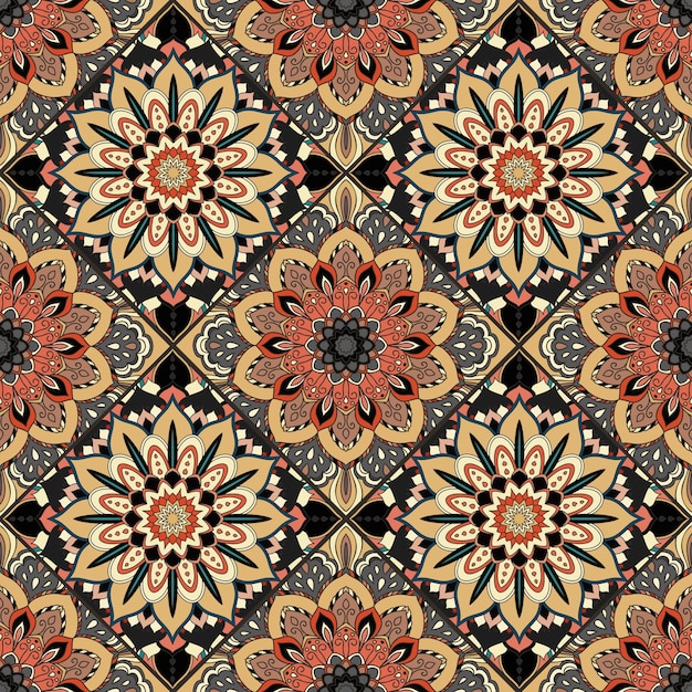 Brillante patrón de mandala adorno de mosaico de azulejos sin costuras textura intrincada ilustración de flores para tela de almohada papel tapiz de moda elemento de diseño interior textil decoración vectorial floral oscura