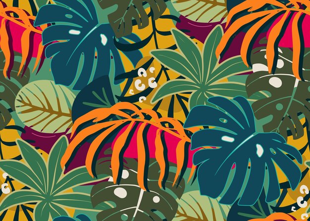 Brillante patrón vectorial sin costuras con coloridas plantas tropicales y flores hojas de palma bonito resumen botánico contemporáneo fondo sin fin