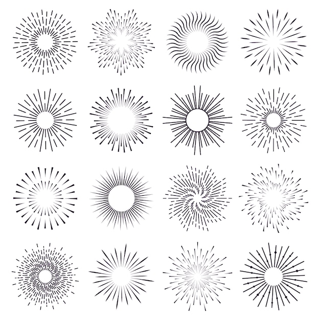 Brillante resplandor solar. Rayos solares radiantes de estrellas vintage, marcos dibujados a mano con brillos estelares, insignias de rayos solares. Iconos de rayos de fuegos artificiales. Explosión radiante, estrella del sol, ilustración radial del resplandor solar